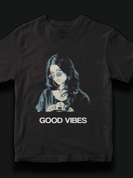 Good Vibes tee girl graphic t-shirt 100% cotton regular fit Galiyare Pakistani streetwear positivity graphic design